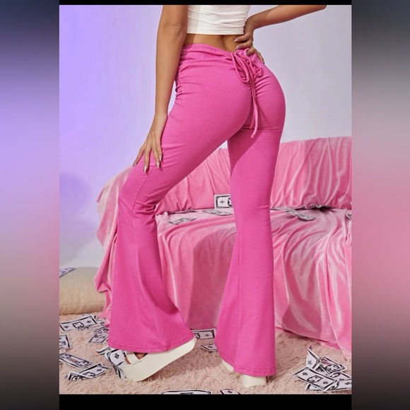 Pink Drawstring Ruched Flare Leg Pants - Picture 2 of 7